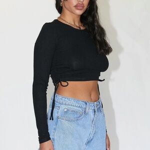 Princess Polly Noorie Black Long Sleeve Ruched Top Size 4